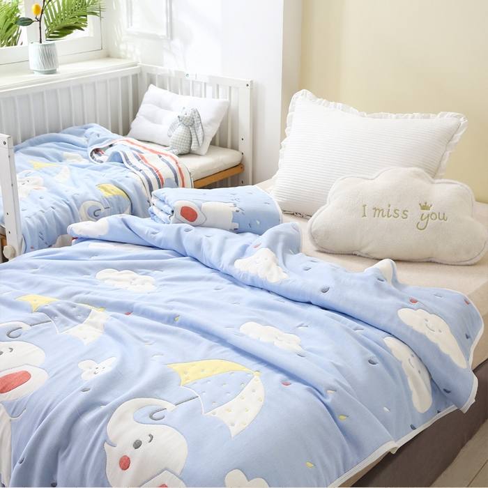 91家纺网 家纺一手货源 找家纺 朴尔家纺-毛巾被 2023年全棉十层纱布加厚儿童盖被毛巾被 打伞的小象兰