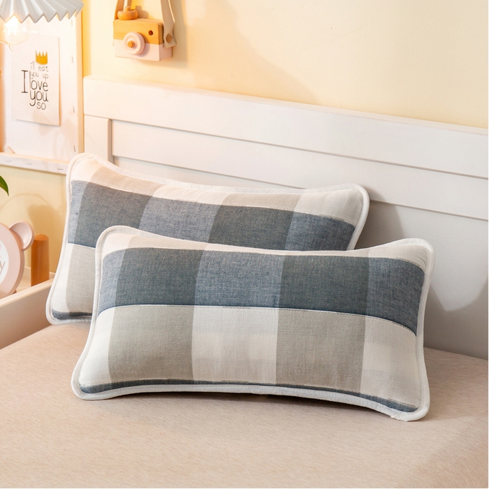 91家纺网 家纺一手货源 找家纺 2023全棉卡通六层纱布儿童枕套-朴尔 日式大格蓝-纱布枕套