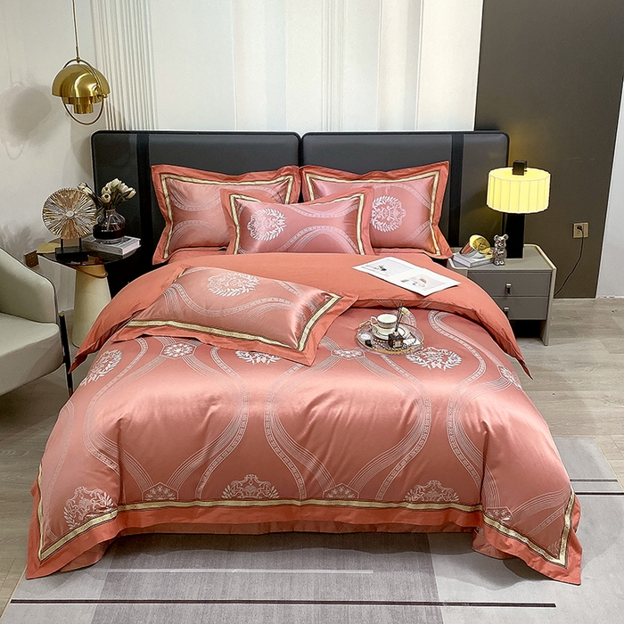 91家纺网 家纺一手货源 找家纺 小时代家纺 2023新款纯棉贡缎提花夹棉床盖四件套 卡伦桔色