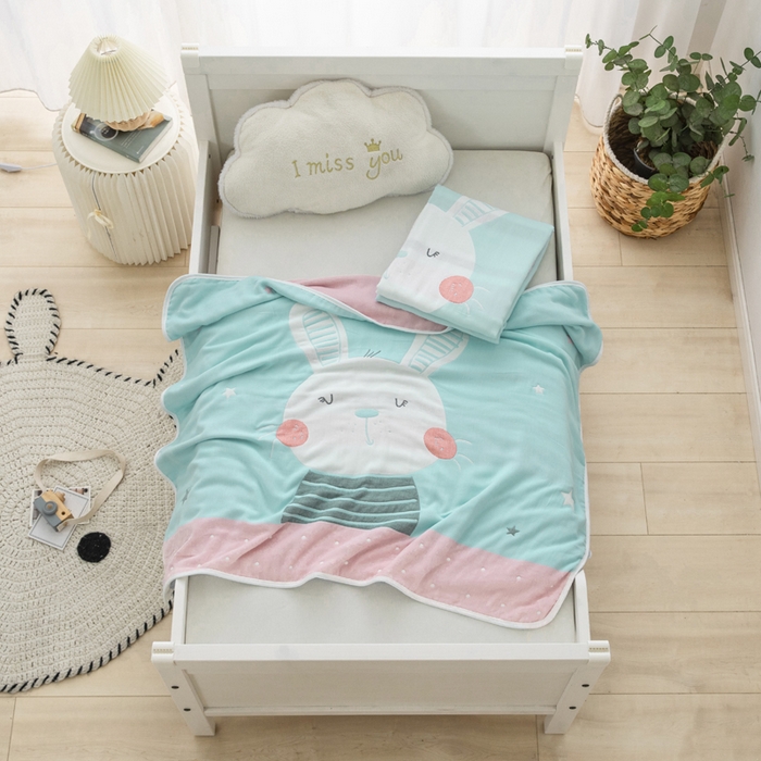 91家纺网 家纺一手货源 找家纺 朴尔家纺-毛巾被 2023新款六层纱布儿童毛巾被-朴尔 机灵兔浅蓝