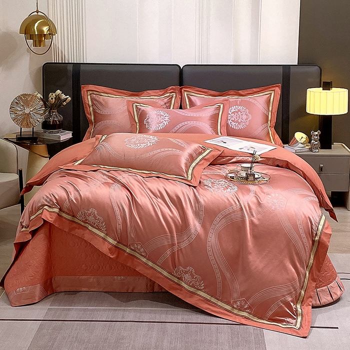 91家纺网 家纺一手货源 找家纺 小时代家纺 2023新款纯棉贡缎提花夹棉床盖四件套 卡伦桔色