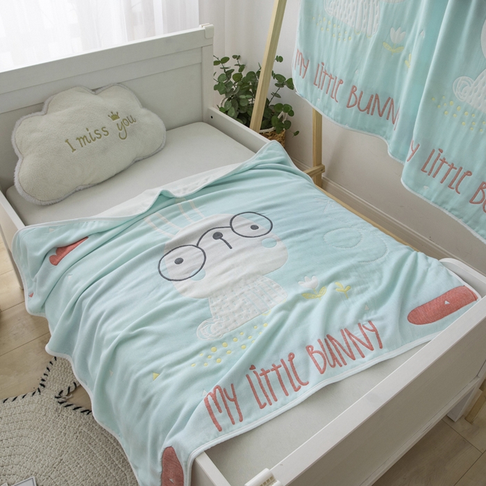 91家纺网 家纺一手货源 找家纺 朴尔家纺-毛巾被 2023新款六层纱布儿童毛巾被-朴尔 博士兔浅蓝