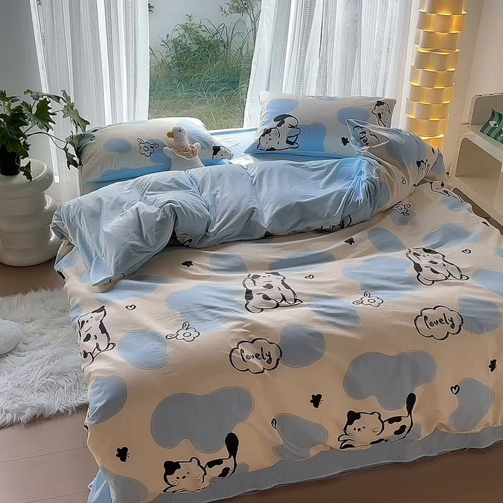 91家纺网 家纺一手货源 找家纺 怡家居 2023新款秋冬亲肤舒适棉加绒四件套 可爱猫咪