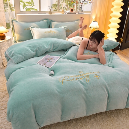 简爱家纺2025新款保暖MISS款法莱绒刺绣四件套松石蓝
