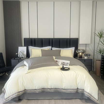 91家纺网 家纺一手货源 找家纺 懒猫 2024新款高精密全棉磨毛绣花四件套 泰洛-奶油黄