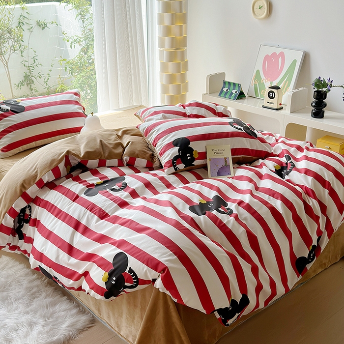 91家纺网 家纺一手货源 找家纺 怡家居 2023新款秋冬亲肤舒适棉加绒四件套 条纹大象