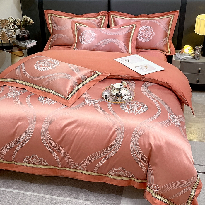 91家纺网 家纺一手货源 找家纺 小时代家纺 2023新款纯棉贡缎提花夹棉床盖四件套 卡伦桔色