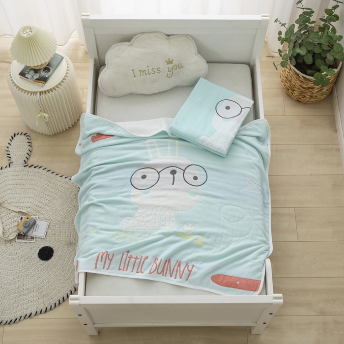 91家纺网 家纺一手货源 找家纺 朴尔家纺-毛巾被 2023新款六层纱布儿童毛巾被-朴尔 博士兔浅蓝