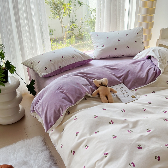91家纺网 家纺一手货源 找家纺 怡家居 2023新款秋冬亲肤舒适棉加绒四件套 紫樱桃