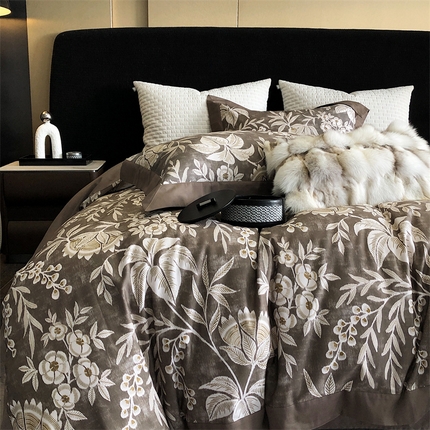 涞澳 2023新款全棉磨绒印花四件套 舒羽-咖