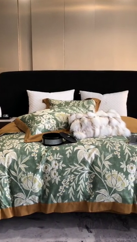 91家纺网 家纺一手货源 找家纺 涞澳 2023新款全棉磨绒印花四件套 舒羽-绿