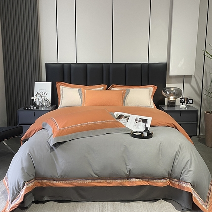 91家纺网 家纺一手货源 找家纺 懒猫 2024新款高精密全棉磨毛绣花四件套 泰洛-轻奢灰