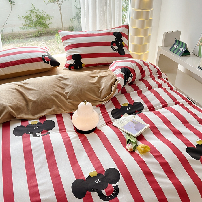 91家纺网 家纺一手货源 找家纺 怡家居 2023新款秋冬亲肤舒适棉加绒四件套 条纹大象