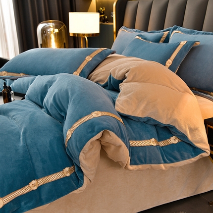 云家 （包含买家秀）2023新款高克重牛奶绒纯色双拼刺绣四件套珊瑚绒 凯迪系列 凯迪-宾利兰+米驼