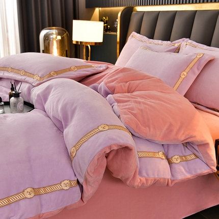 （包含买家秀）2023新款高克重牛奶绒纯色双拼刺绣四件套珊瑚绒 凯迪系列 凯迪-香芋紫+蜜粉