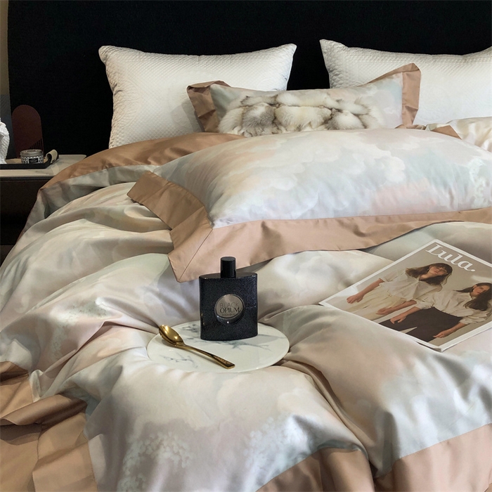 91家纺网 家纺一手货源 找家纺 涞澳  2023新款100支全棉数码印花四件套 墨染-咖