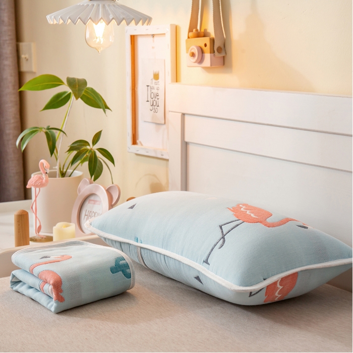 91家纺网 家纺一手货源 找家纺 2023全棉卡通六层纱布儿童枕套-朴尔 辛福鸟蓝-纱布枕套