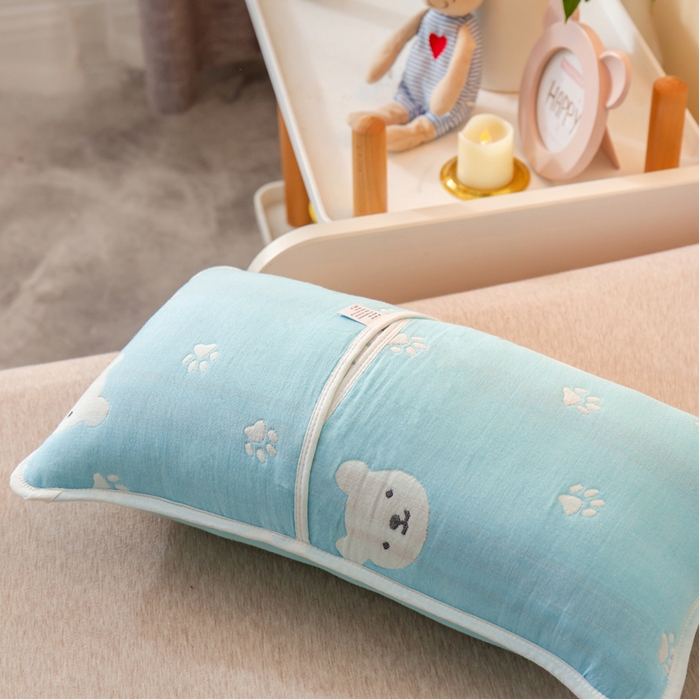 91家纺网 家纺一手货源 找家纺 2023全棉卡通六层纱布儿童枕套-朴尔 甜蜜小熊蓝-纱布枕套