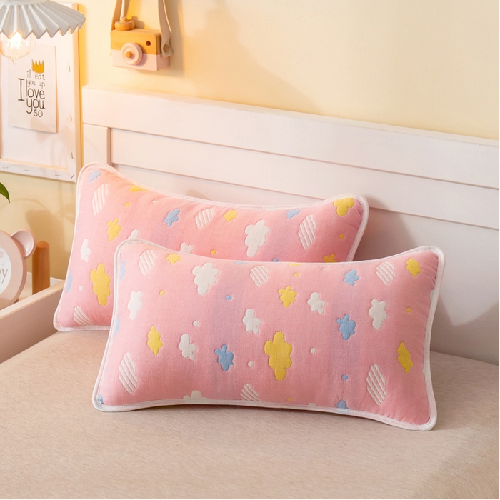 91家纺网 家纺一手货源 找家纺 2023全棉卡通六层纱布儿童枕套-朴尔 彩云粉-纱布枕套