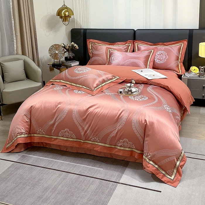 91家纺网 家纺一手货源 找家纺 小时代家纺 2023新款纯棉贡缎提花夹棉床盖四件套 卡伦桔色