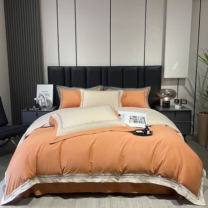 91家纺网 家纺一手货源 找家纺 懒猫 2024新款高精密全棉磨毛绣花四件套 泰洛-格调橙