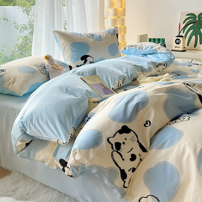 91家纺网 家纺一手货源 找家纺 怡家居 2023新款秋冬亲肤舒适棉加绒四件套 可爱猫咪