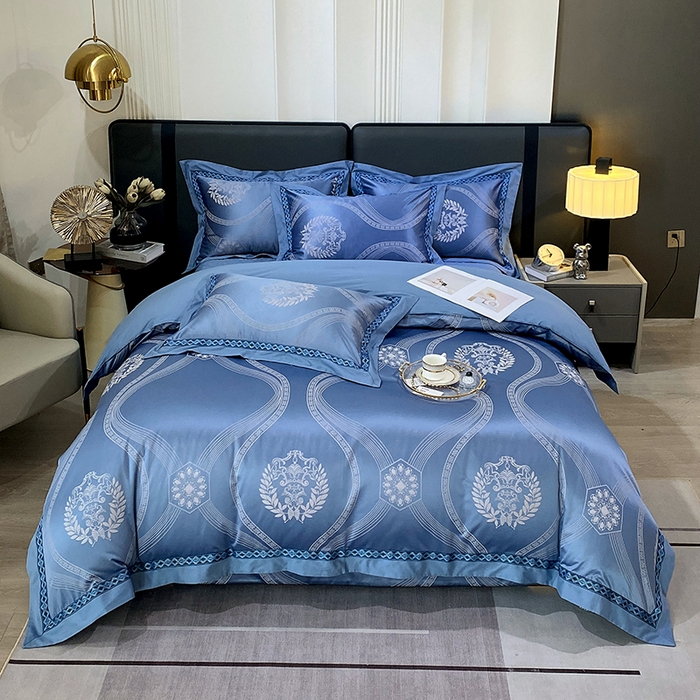 91家纺网 家纺一手货源 找家纺 小时代家纺 2023新款纯棉贡缎提花夹棉床盖四件套 卡伦蓝色