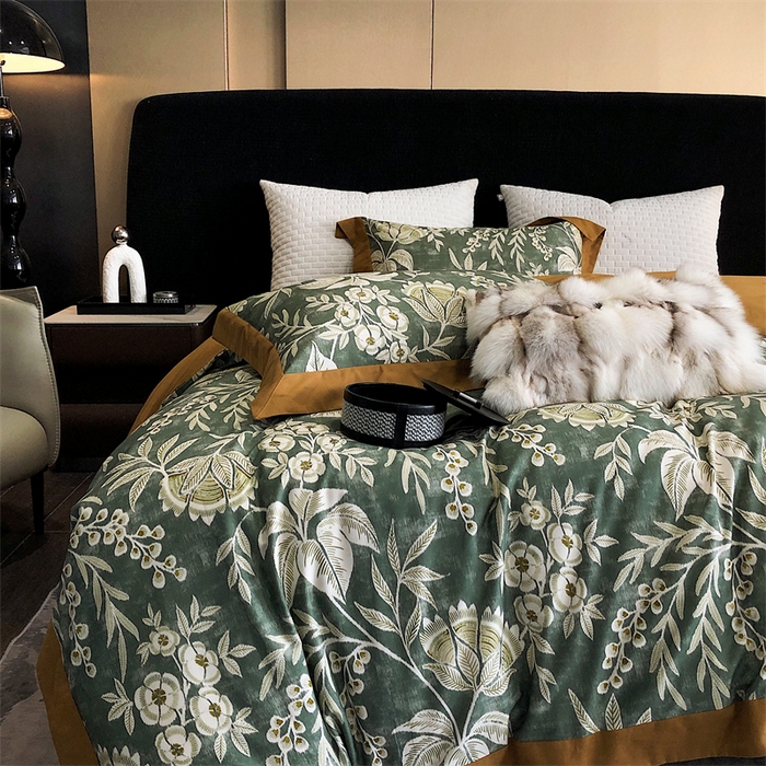 91家纺网 家纺一手货源 找家纺 涞澳 2023新款全棉磨绒印花四件套 舒羽-绿