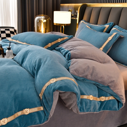 云家 （包含买家秀）2023新款高克重牛奶绒纯色双拼刺绣四件套珊瑚绒 凯迪系列 凯迪-宾利兰+高级灰