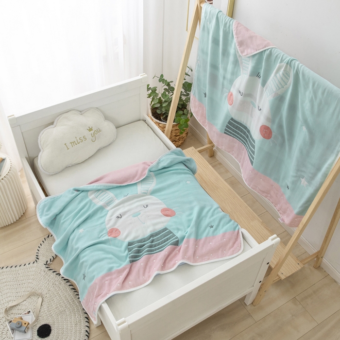 91家纺网 家纺一手货源 找家纺 朴尔家纺-毛巾被 2023新款六层纱布儿童毛巾被-朴尔 机灵兔浅蓝