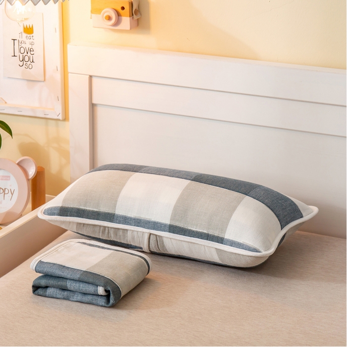 91家纺网 家纺一手货源 找家纺 2023全棉卡通六层纱布儿童枕套-朴尔 日式大格蓝-纱布枕套