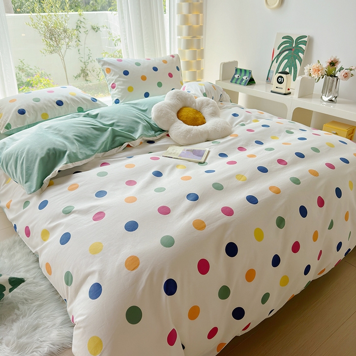 91家纺网 家纺一手货源 找家纺 怡家居 2023新款秋冬亲肤舒适棉加绒四件套 彩色点点