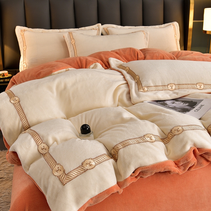 91家纺网 家纺一手货源 找家纺 云家 （包含买家秀）2023新款高克重牛奶绒纯色双拼刺绣四件套珊瑚绒 凯迪系列 凯迪-奶昔白+橙