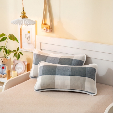 2023全棉卡通六层纱布儿童枕套-朴尔 日式大格蓝-纱布枕套