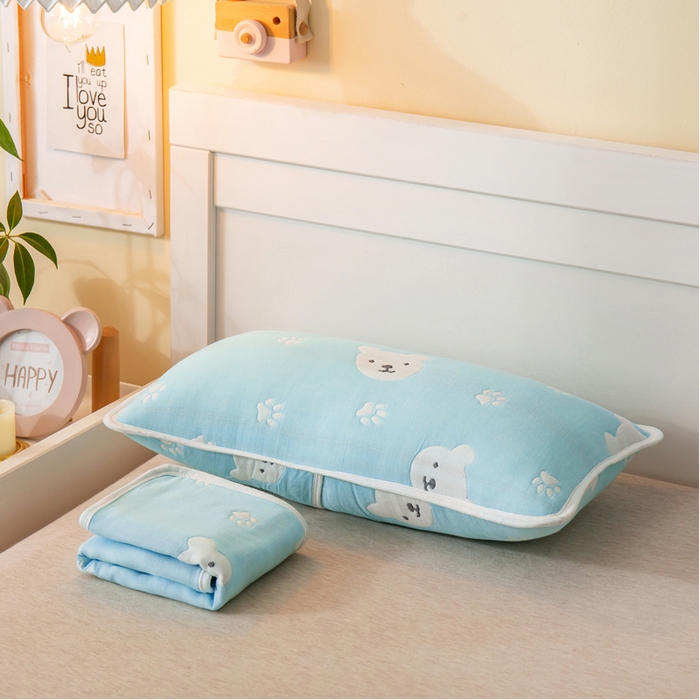 91家纺网 家纺一手货源 找家纺 2023全棉卡通六层纱布儿童枕套-朴尔 甜蜜小熊蓝-纱布枕套