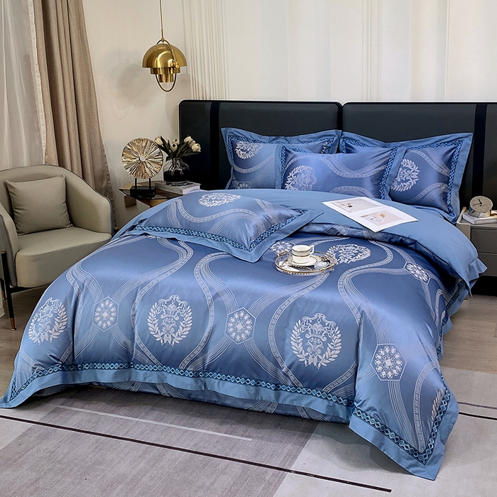 91家纺网 家纺一手货源 找家纺 小时代家纺 2023新款纯棉贡缎提花夹棉床盖四件套 卡伦蓝色