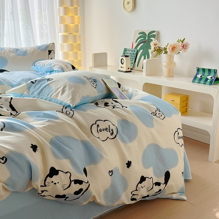 91家纺网 家纺一手货源 找家纺 怡家居 2023新款秋冬亲肤舒适棉加绒四件套 可爱猫咪