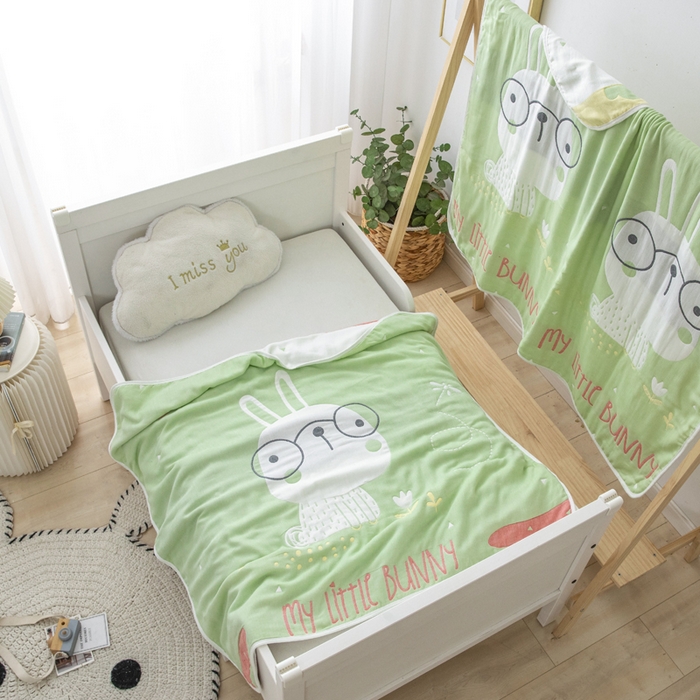 91家纺网 家纺一手货源 找家纺 朴尔家纺-毛巾被 2023新款六层纱布儿童毛巾被-朴尔 博士兔绿