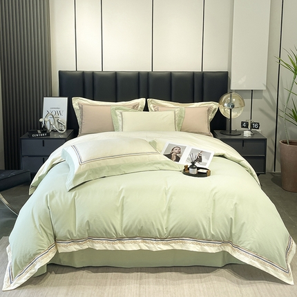 91家纺网 家纺一手货源 找家纺 懒猫 2024新款高精密全棉磨毛绣花四件套 泰洛-晴水绿