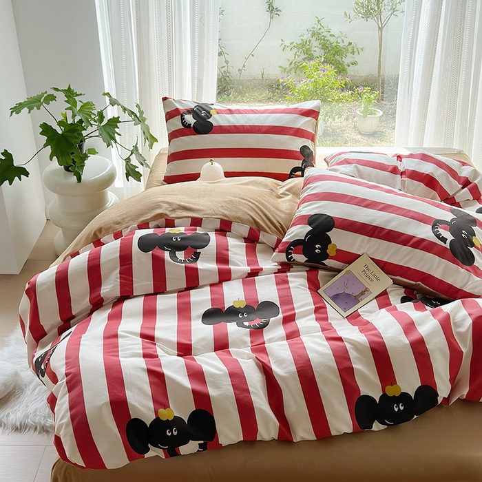 91家纺网 家纺一手货源 找家纺 怡家居 2023新款秋冬亲肤舒适棉加绒四件套 条纹大象