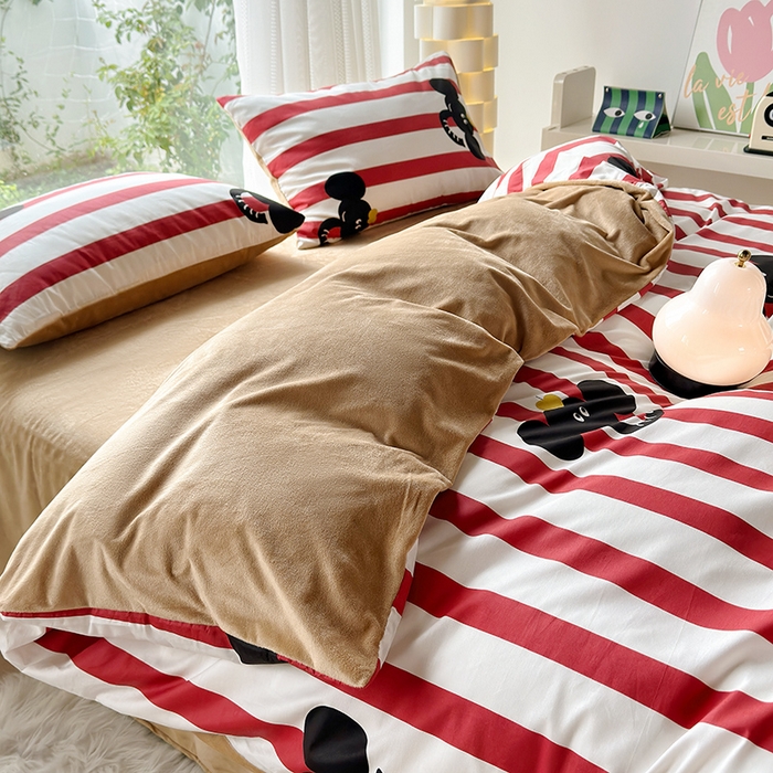 91家纺网 家纺一手货源 找家纺 怡家居 2023新款秋冬亲肤舒适棉加绒四件套 条纹大象