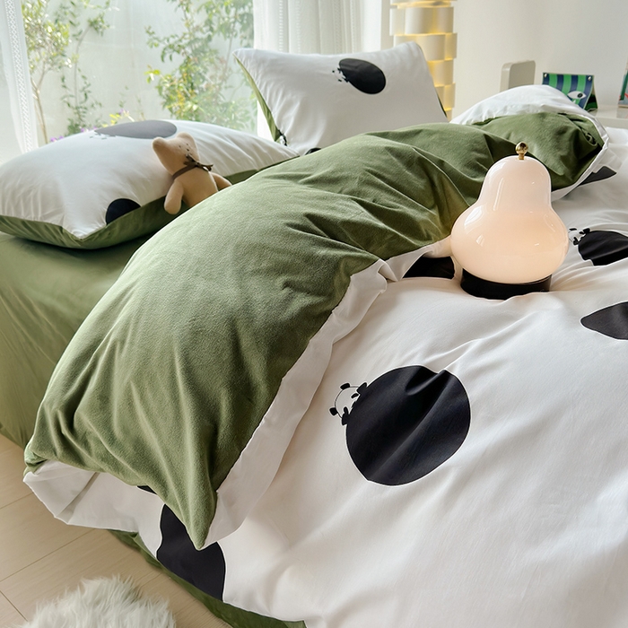 91家纺网 家纺一手货源 找家纺 怡家居 2023新款秋冬亲肤舒适棉加绒四件套 波点熊猫