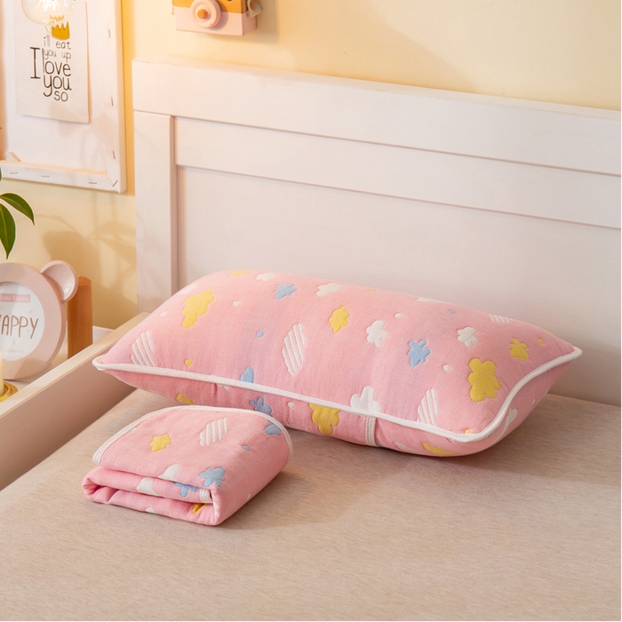 91家纺网 家纺一手货源 找家纺 2023全棉卡通六层纱布儿童枕套-朴尔 彩云粉-纱布枕套