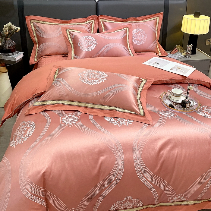 91家纺网 家纺一手货源 找家纺 小时代家纺 2023新款纯棉贡缎提花夹棉床盖四件套 卡伦桔色