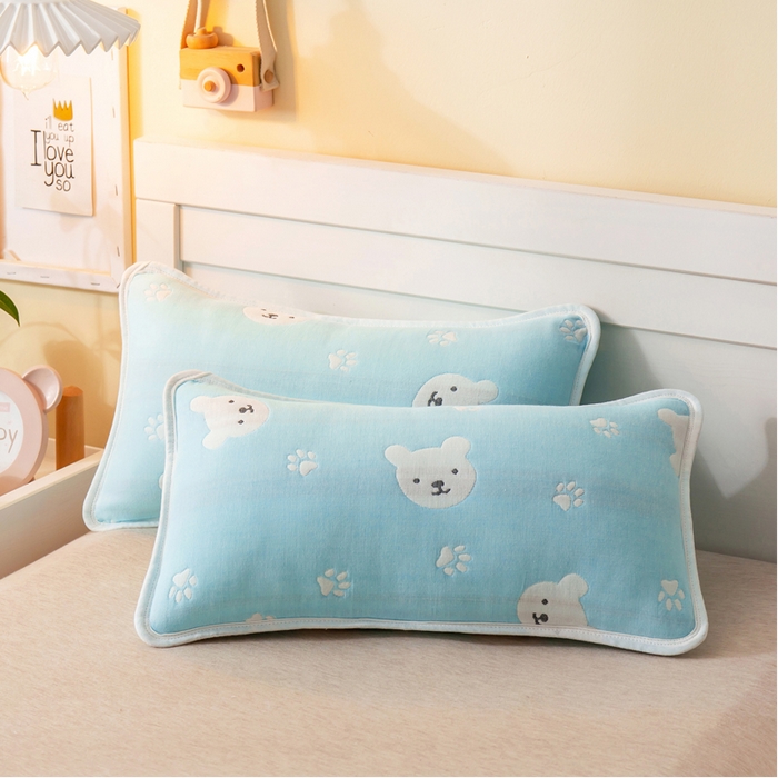 91家纺网 家纺一手货源 找家纺 2023全棉卡通六层纱布儿童枕套-朴尔 甜蜜小熊蓝-纱布枕套