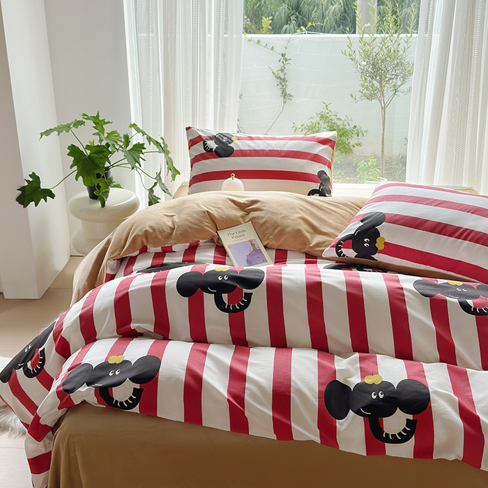 91家纺网 家纺一手货源 找家纺 怡家居 2023新款秋冬亲肤舒适棉加绒四件套 条纹大象