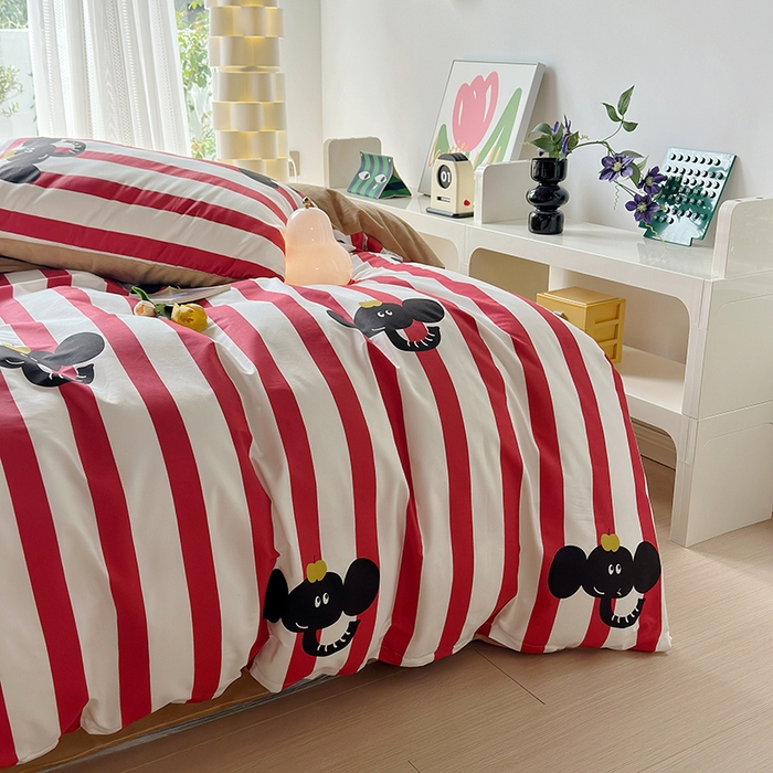 91家纺网 家纺一手货源 找家纺 怡家居 2023新款秋冬亲肤舒适棉加绒四件套 条纹大象