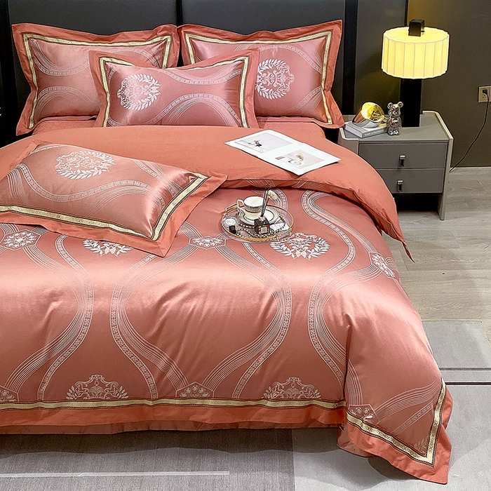 91家纺网 家纺一手货源 找家纺 小时代家纺 2023新款纯棉贡缎提花夹棉床盖四件套 卡伦桔色