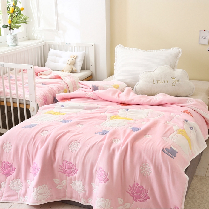 91家纺网 家纺一手货源 找家纺 朴尔家纺-毛巾被 2023年全棉十层纱布加厚儿童盖被毛巾被 溜冰鼠粉