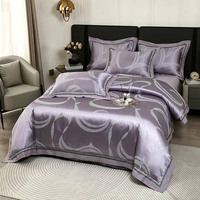 91家纺网 家纺一手货源 找家纺 小时代家纺 2023新款纯棉贡缎提花夹棉床盖四件套 炫美生活灰紫